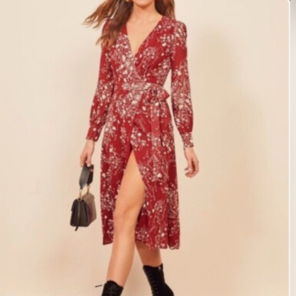 Reformation Red Floral Midi Wrap Dress - Picture 2 of 6